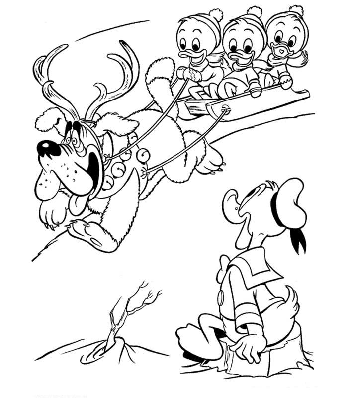 coloriage donald et ses neveux sur une luge